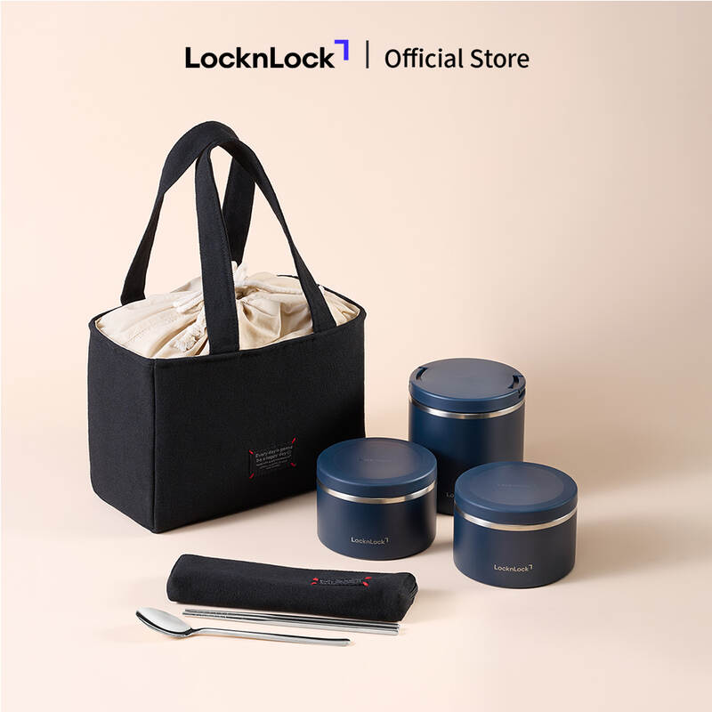 LHC8011S01 - Bộ hộp cơm giữ nhiệt LocknLock Pump One-Touch Vacuum Lunch box (330ml*2, 530ml*1, bộ đũa v&agrave; th&igrave;a, t&uacute;i) - M&agrave;u Trắng/M&agrave;u xanh navy image number null
